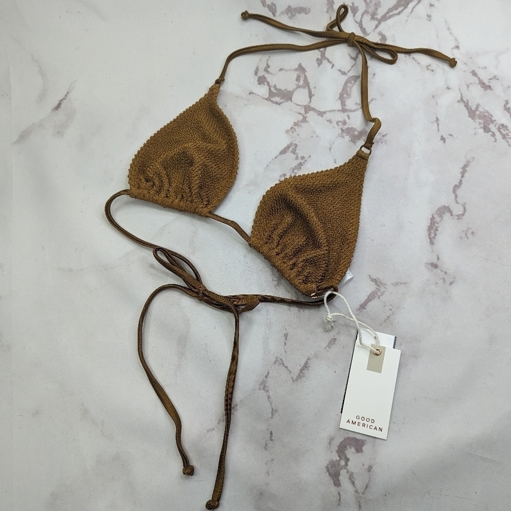 Good American Swim Top Women Brown Bronze Crinkle Tiny Ties Bikini